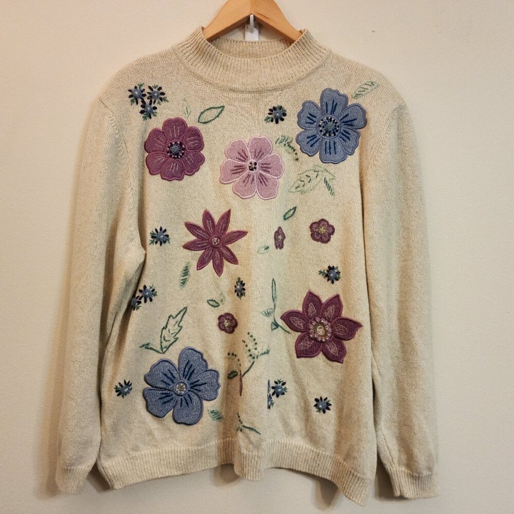 Vintage Alfred Dunner Sweater Womens 2X Cream Floral Embroidered Cottagecore Y2K